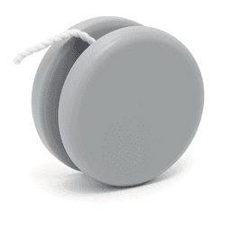 A grey plastic yoyo with a white string, featuring a smooth, rounded design and a simple aesthetic.