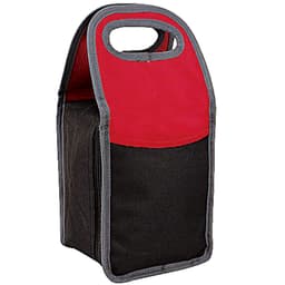 A red and black cooler bag with a carry handle and grey stitching. It features a simple design and a logo.