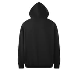 A black hoodie with a large hood, featuring a simple and clean design. There is a logo on the back.