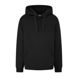 A black hoodie with a front pocket and adjustable drawstring hood. The design is simple and classic, featuring a logo.