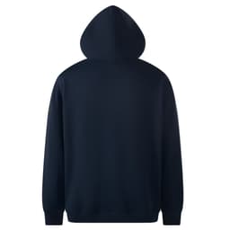 A navy hoodie with a large hood, featuring a plain back design and long sleeves. The hoodie includes a logo.