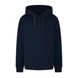 A navy blue hoodie with a large front pocket and drawstring hood, featuring a branding logo.