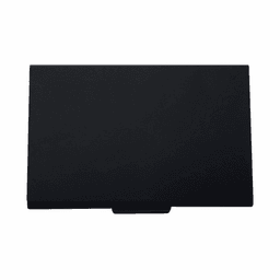 A sleek black cardholder with a textured surface and a sliding opening mechanism. It features a subtle logo.