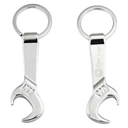 A keychain in the shape of a shiny silver wrench, featuring a circular ring for attachment and a branding area.