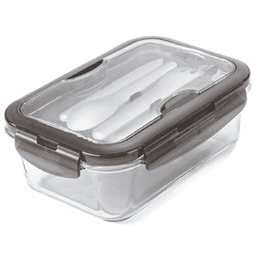 A clear lunch box with a grey lid, containing white utensils. Suitable for storing meals.
