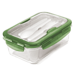A lunch box with a transparent container and a green locking lid, featuring cutlery inside.