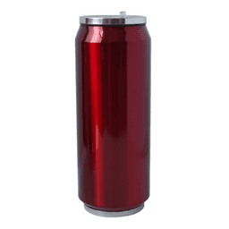 A drink bottle with a shiny red metallic finish and a silver lid. It features a straw and logo branding.