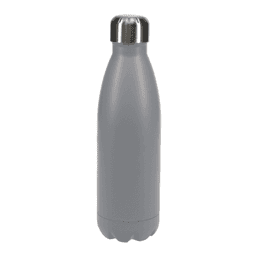 A drink bottle in sleek grey with a stainless steel cap and a smooth, curved design.