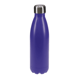A drink bottle in vibrant purple with a stainless steel cap and a smooth, curved design. It features a logo.