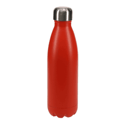 A drink bottle in vibrant red with a stainless steel cap, featuring a sleek, modern design and a branding logo.