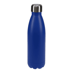 A drink bottle in a vibrant blue colour with a stainless steel cap and a smooth, streamlined design.