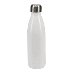 A drink bottle in sleek white with a stainless steel cap and a smooth, curved design.