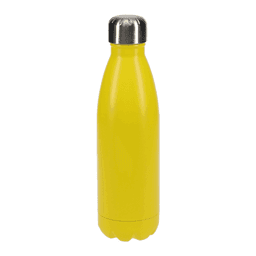 A drink bottle in bright yellow with a stainless steel cap, featuring a sleek, contoured design.
