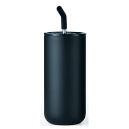 A drink bottle in matte black with a stainless steel straw and a sleek cylindrical design. It features a logo.