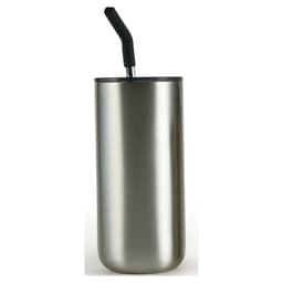 A drink bottle in a sleek silver finish with a black straw and a black lid, featuring a logo.