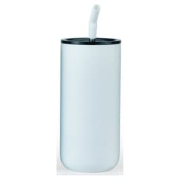 A drink bottle featuring a sleek white finish, a black lid, and a straw for easy sipping. It has a logo on the front.