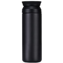 A drink bottle in sleek black with a rounded lid and a minimalistic design. Features a logo on the surface.