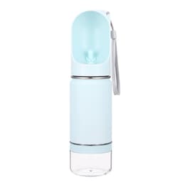 A drink bottle in light blue with a clear bottom section and a flexible, transparent top. It features a strap and a logo.