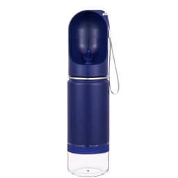 A drink bottle in navy blue with a clear base, featuring a flip-top lid and a logo on the side.