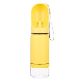 A drink bottle in bright yellow, featuring a transparent bottom section and a built-in straw with a lid.