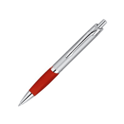 A red and chrome plastic pen, featuring a smooth finish and a logo on the barrel.