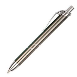 A metal pen with a sleek green and silver design, featuring a clip and decorative bands. It has a logo on the body.