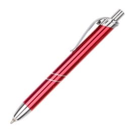 A red metal pen with chrome accents and a clip. The pen features sleek lines and a smooth finish.