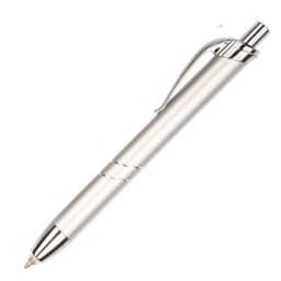 A silver metal pen with a sleek design and a clip. It features smooth lines and a polished finish.