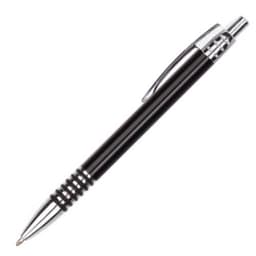 A metal pen in black with silver accents, featuring a stylish design and a logo.
