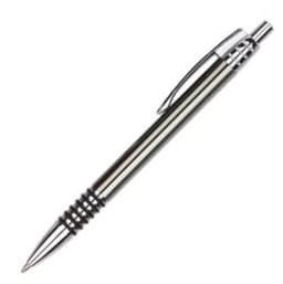 A metal pen in silver with a sleek design and a textured grip. It features a clip and a chrome tip.