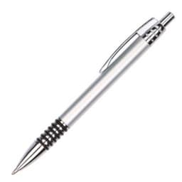 A metal pen in silver with a black grip and chrome accents, featuring a logo on its body.