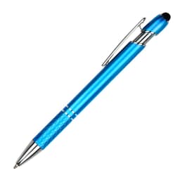 A blue aluminium stylus pen with a silver accent and a stylus tip. It features a clip and a textured grip.