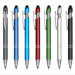 A collection of seven aluminium pens in blue, red, green, silver, black, and graphite, featuring a logo on each.