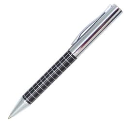 A metal pen with a black textured grip and a shiny silver clip, featuring a logo on the barrel.