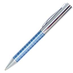 A metal pen with a blue grid pattern and a shiny silver clip. It features a branding logo on the barrel.