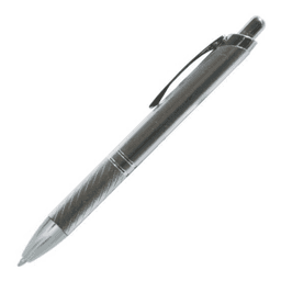 A metal pen with a sleek silver finish and textured grip, featuring a clip and a branding logo.