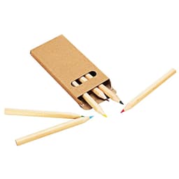 A coloured pencil set in a brown cardboard case, featuring pencils in red, blue, yellow, and black.