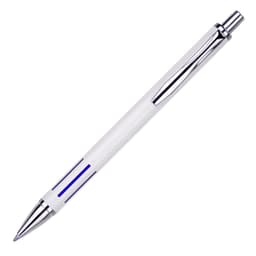 A metal pen in white with blue accents and chrome details, featuring a logo.