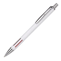 A metal pen in white with chrome accents and a red design element. Features a logo on the barrel.
