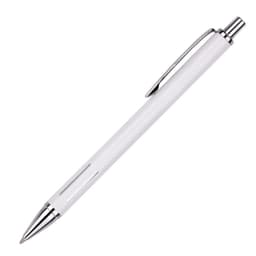 A white metal pen with a shiny chrome clip and trim, featuring a sleek and minimalistic design.