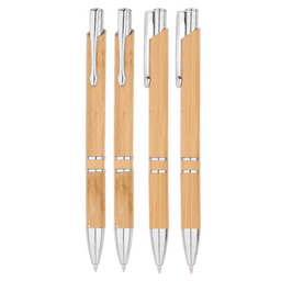 A set of four wooden pens in light bamboo with silver accents, featuring a logo on each pen.
