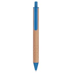 A blue and natural wood pen with a clip and a logo on the side.