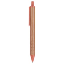 A pen in warm brown and coral, featuring a clip and a textured grip, with a logo on the barrel.