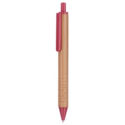 A bamboo pen with a red grip and clip, featuring a simple design and a logo.