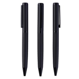 Three black metal pens are displayed side by side, each with a textured grip and a clip on the side.