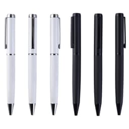 A set of pens in white and black, featuring sleek metal designs and clips. Each has a shiny finish and a logo.