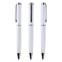 A set of three white metal pens with chrome accents and a textured grip. Each pen features a clip for convenience.