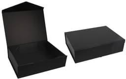 A black gift box, featuring an open top and a separate lid, suitable for containing various items.