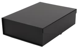 A black gift box with a sleek, minimal design, featuring a secure closure. Ideal for various occasions.