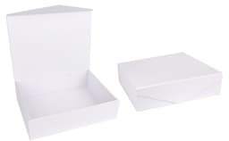 A white gift box set, featuring an open box and a closed box, both with a sleek design. Branding is present.